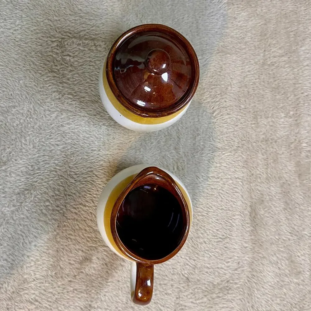 Vintage Taiwan Stoneware Creamer & Sugar Bowl Set Rustic Farmhouse